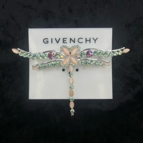 NWT GIVENCHY Dragonfly Pin Brooch Peach Moonstone Silver Tone Green Pink Crystal - Picture 9 of 9
